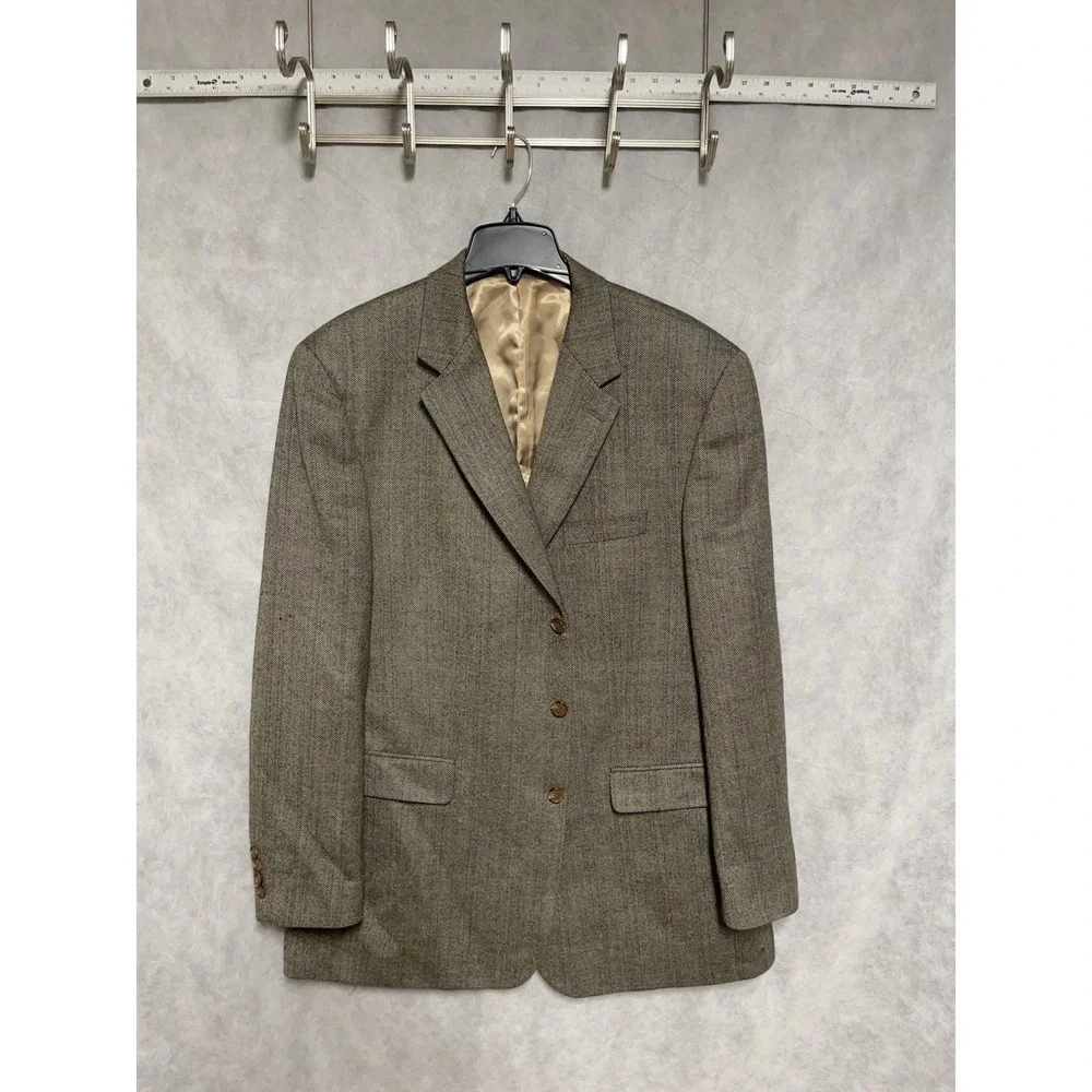 Ralph Lauren Blazer Men 46L Beige Blue Herringbone 3B Winter Flannel Wool Luxury